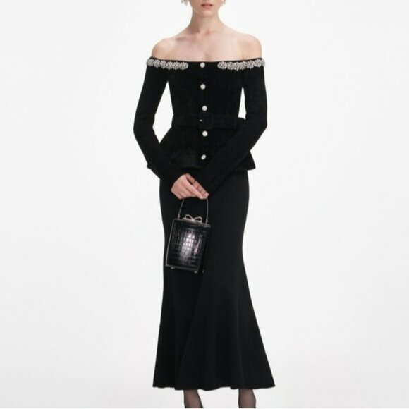 Self-Portrait Dresses & Skirts - Self-portrait Black Chenille Knit Crystal Trim Midi Dress